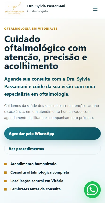 Página real de uma clínica, com informações de atendimento e botão para agendar pelo WhatsApp
