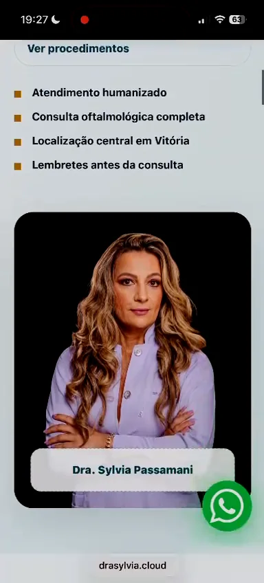 Página da clínica apresentando a profissional e orientações de atendimento